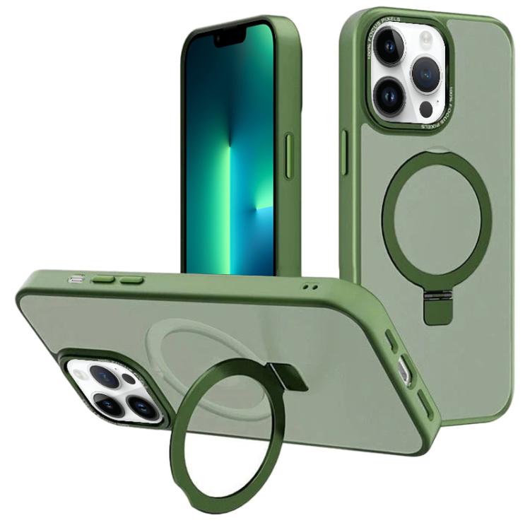 

For iPhone 13 Pro Max Kalebol Metal Lens Frame MagSafe Holder Frosted PC Phone Case(Dark Green)