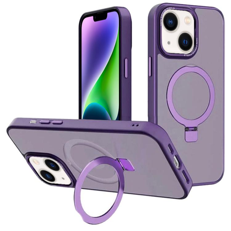 For iPhone 14 Plus Kalebol Metal Lens Frame MagSafe Holder Frosted PC Phone Case(Dark Purple)