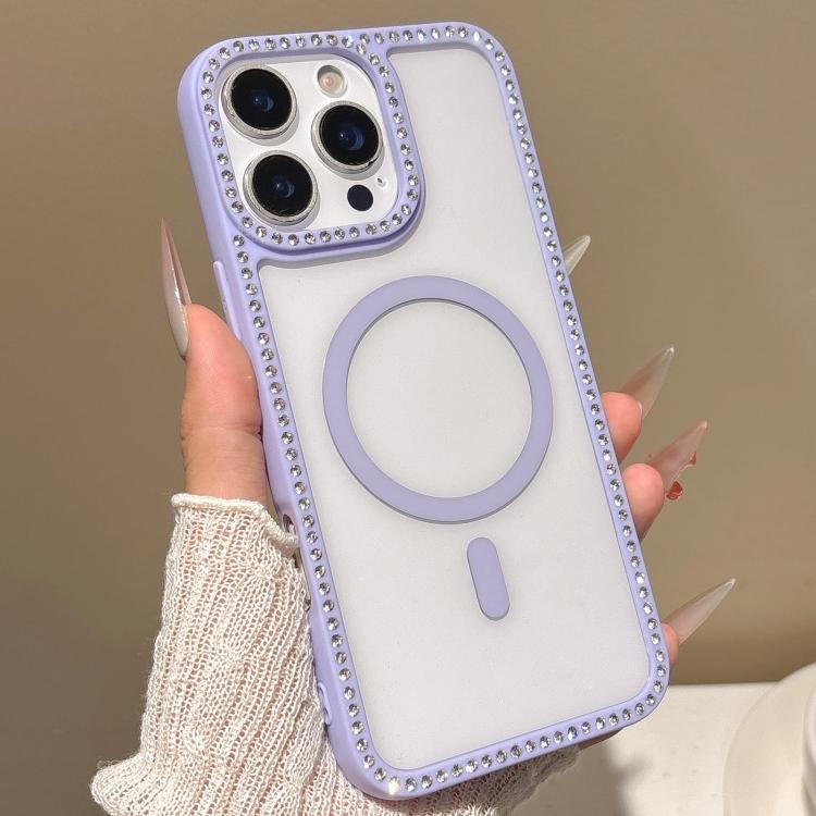 

For iPhone 16 Pro Max Large Lens Hole Rhinestone Frame MagSafe Phone Case(Purple)
