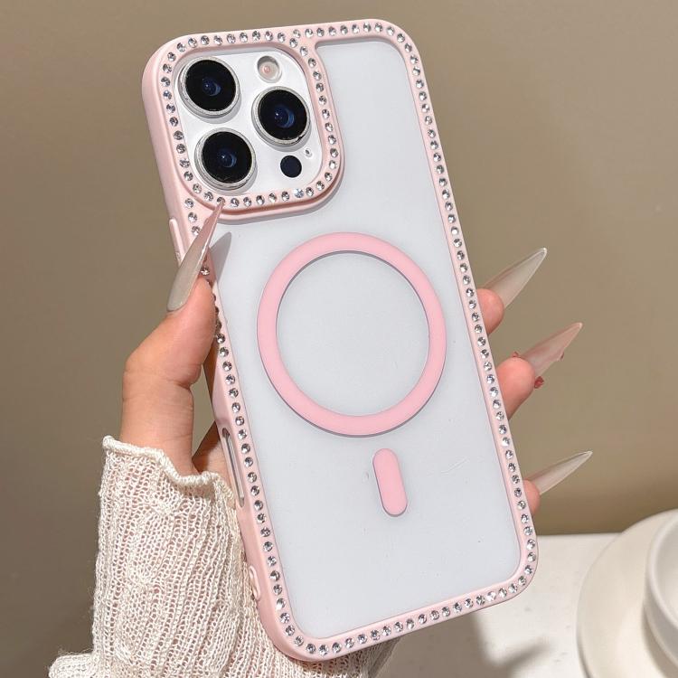 

For iPhone 16 Pro Large Lens Hole Rhinestone Frame MagSafe Phone Case(Pink)