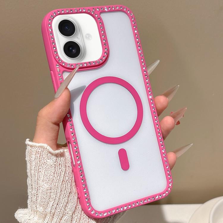 

For iPhone 16 Large Lens Hole Rhinestone Frame MagSafe Phone Case(Rose Gold)