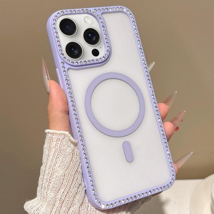 

For iPhone 15 Pro Max Large Lens Hole Rhinestone Frame MagSafe Phone Case(Purple)