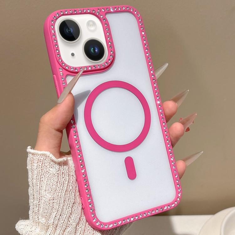 

For iPhone 15 Large Lens Hole Rhinestone Frame MagSafe Phone Case(Rose Gold)