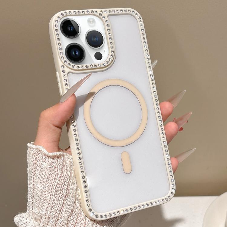 

For iPhone 14 Pro Large Lens Hole Rhinestone Frame MagSafe Phone Case(Beige)