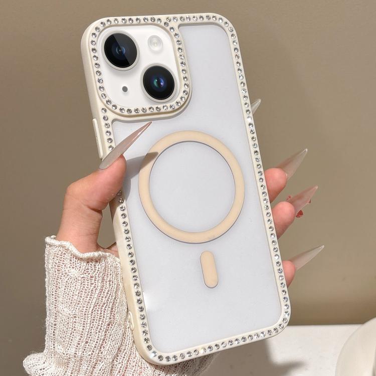 

For iPhone 13 Large Lens Hole Rhinestone Frame MagSafe Phone Case(Beige)