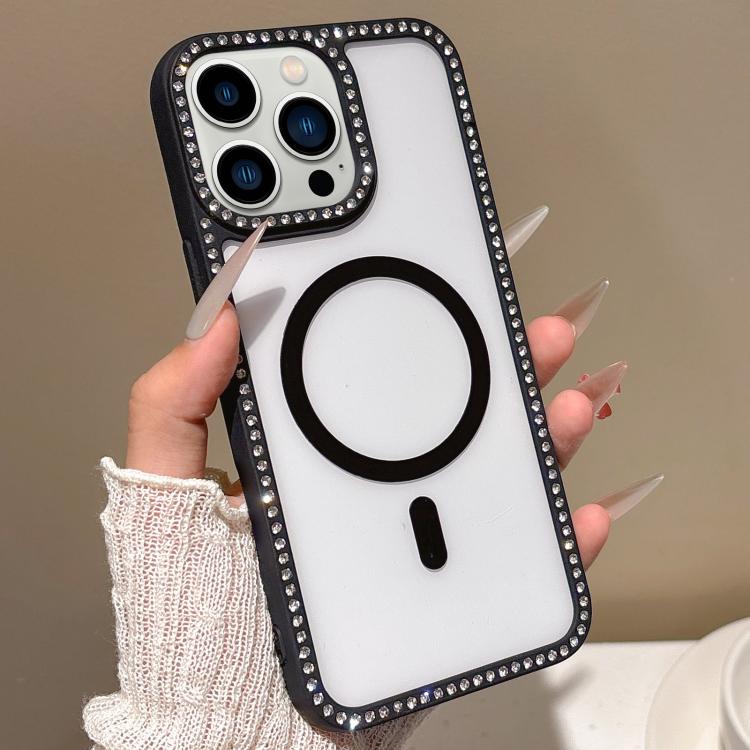 

For iPhone 12 Pro Max Large Lens Hole Rhinestone Frame MagSafe Phone Case(Black)
