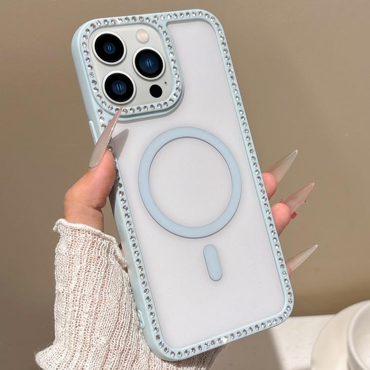 

For iPhone 12 Pro Large Lens Hole Rhinestone Frame MagSafe Phone Case(Blue)