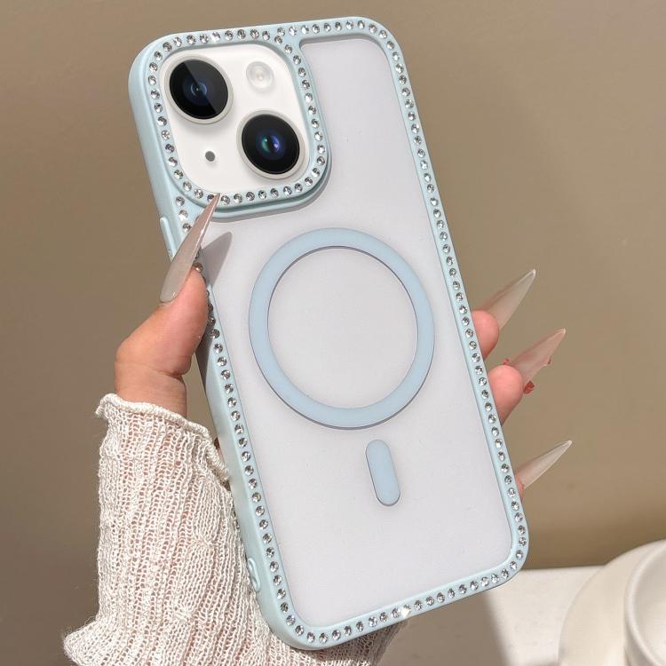 

For iPhone 14 Plus Large Lens Hole Rhinestone Frame MagSafe Phone Case(Blue)