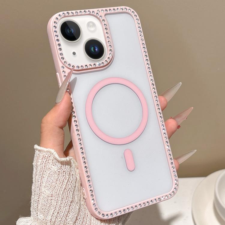 

For iPhone 13 mini Large Lens Hole Rhinestone Frame MagSafe Phone Case(Pink)