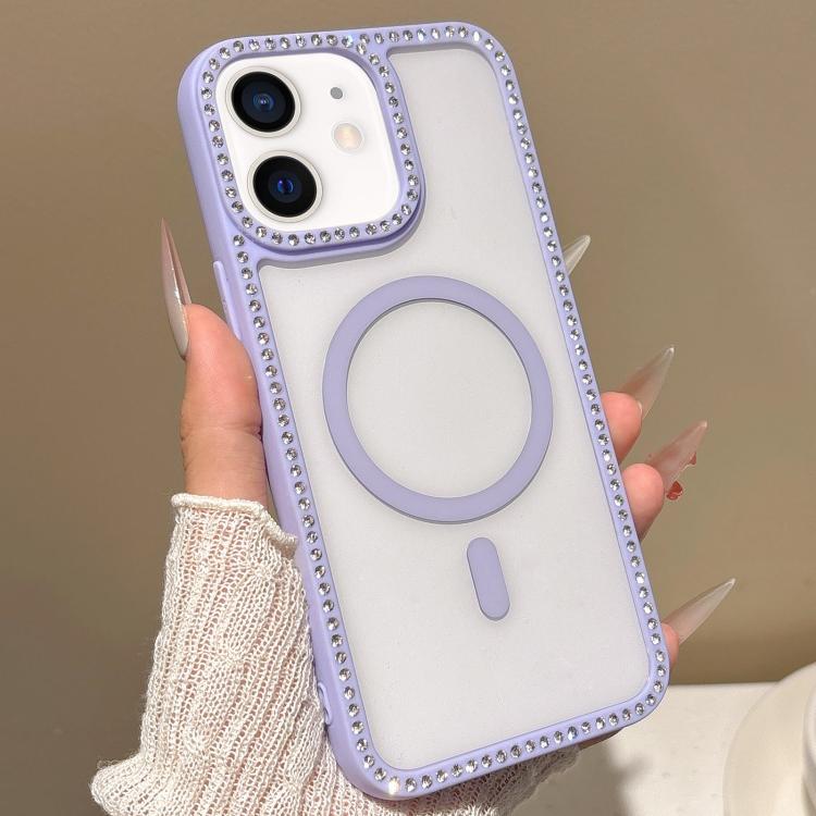 

For iPhone 12 mini Large Lens Hole Rhinestone Frame MagSafe Phone Case(Purple)