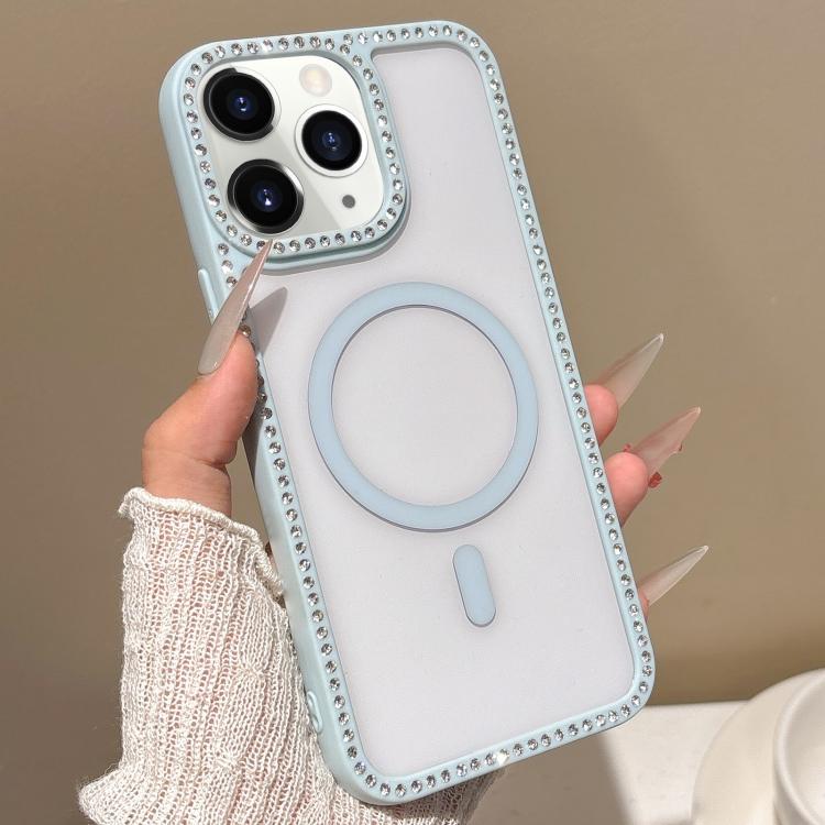 

For iPhone 11 Pro Max Large Lens Hole Rhinestone Frame MagSafe Phone Case(Blue)