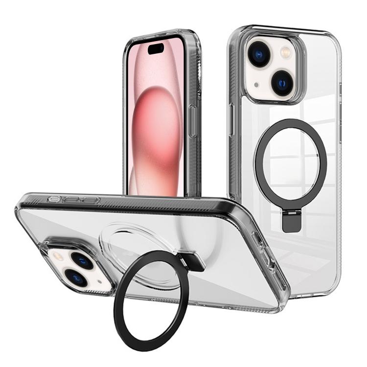 

For iPhone 15 Plus Kalebol MagSafe Holder Simple Clear TPU Phone Case(Black)