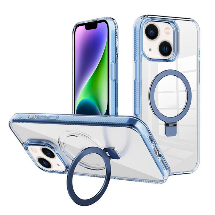 

For iPhone 14 Plus Kalebol MagSafe Holder Simple Clear TPU Phone Case(Blue)