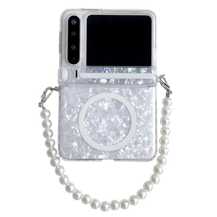 

For Huawei Pura X Side Buckle Axis Pearlescent Shell Texture MagSafe Phone Case with Bracelet(White)