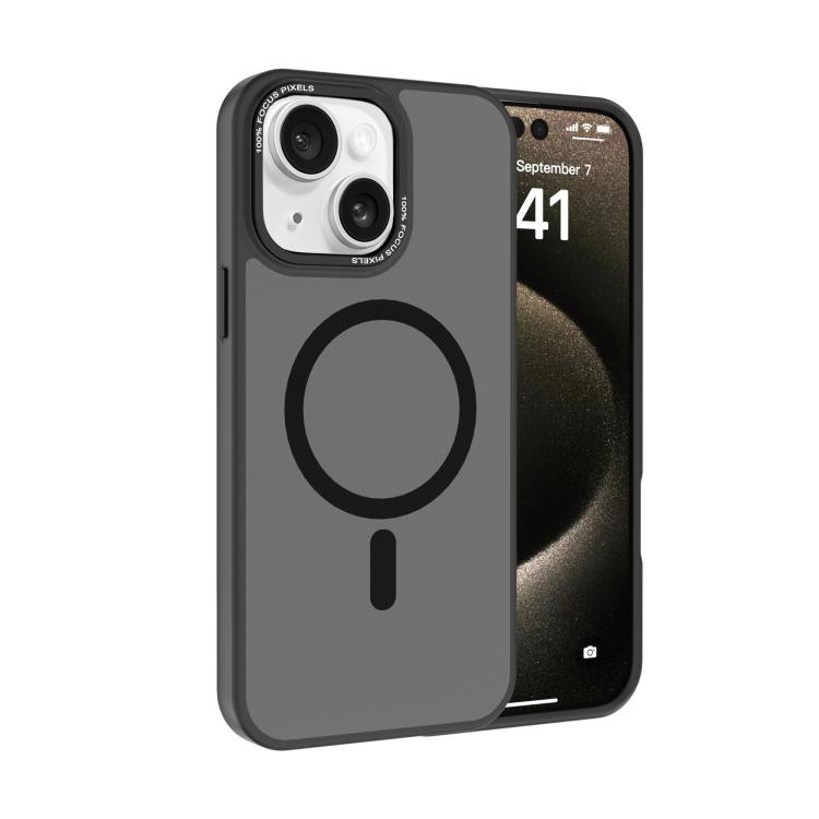 

For iPhone 15 Kalebol Metal Lens Frame MagSafe Frosted PC Phone Case(Black)