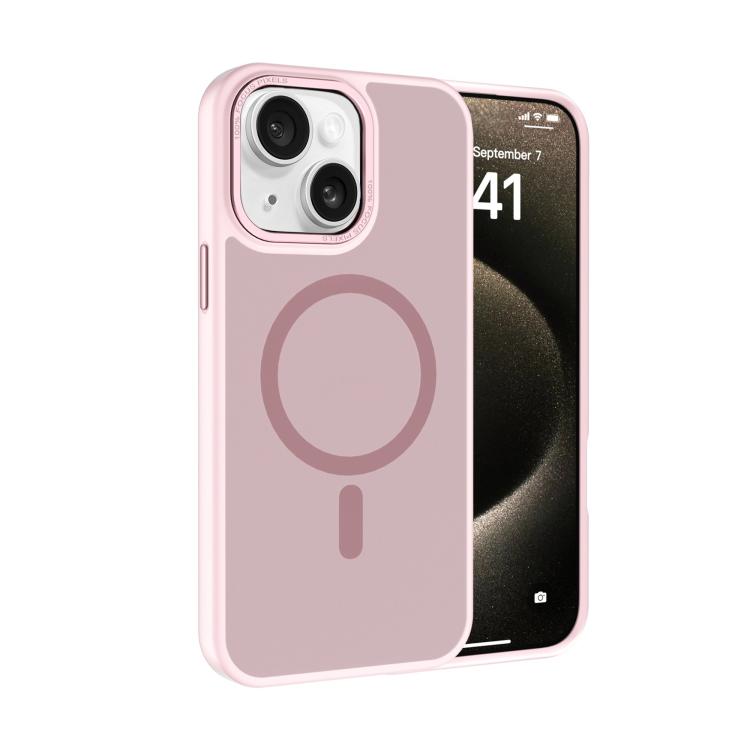 

For iPhone 14 Plus Kalebol Metal Lens Frame MagSafe Frosted PC Phone Case(Pink)