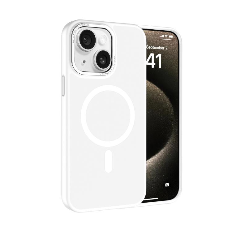 

For iPhone 14 Plus Kalebol Metal Lens Frame MagSafe Frosted PC Phone Case(Frosted White)