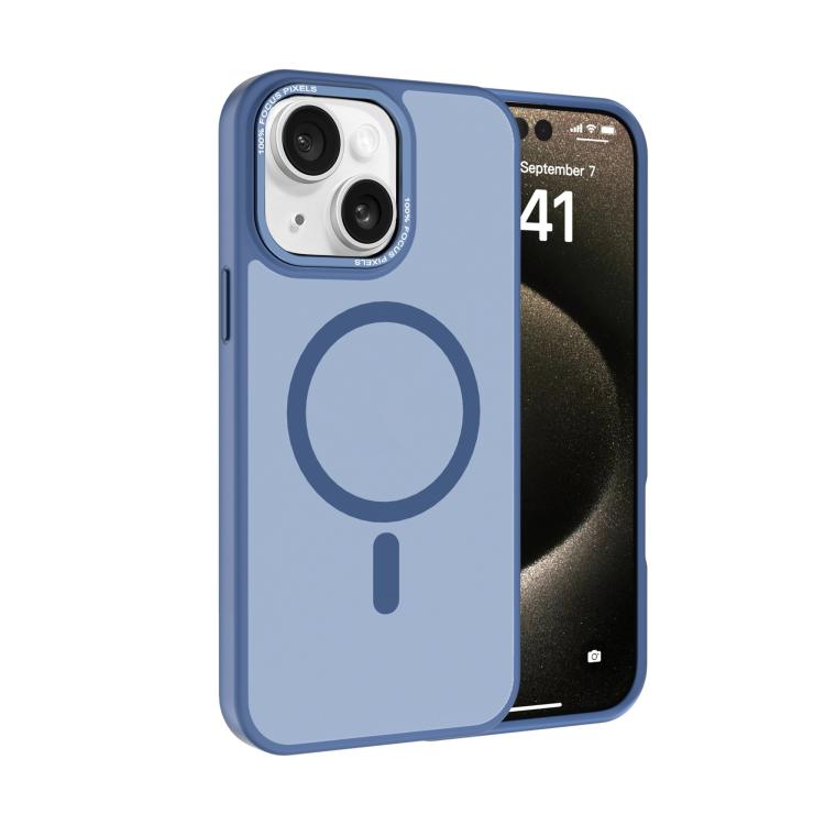 

For iPhone 14 Plus Kalebol Metal Lens Frame MagSafe Frosted PC Phone Case(Sierra Blue)