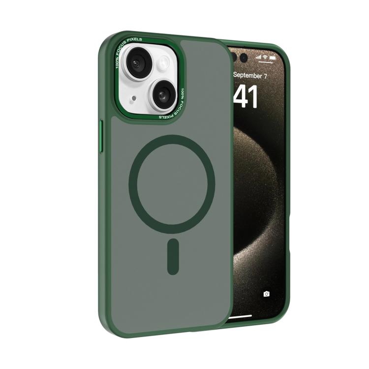

For iPhone 14 Kalebol Metal Lens Frame MagSafe Frosted PC Phone Case(Dark Green)