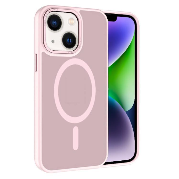 

For iPhone 14 Kalebol Metal Lens Frame MagSafe Frosted PC Phone Case(Pink)