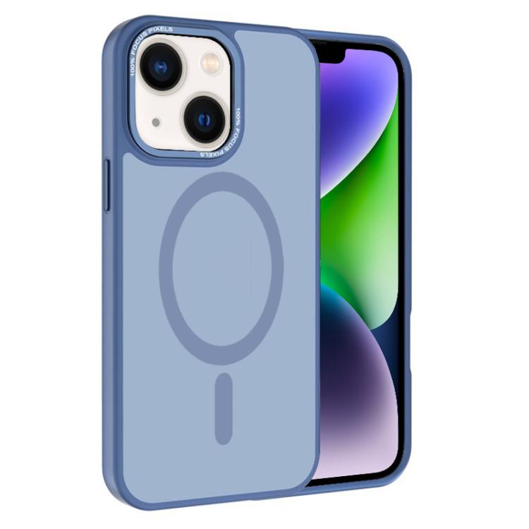 

For iPhone 14 Kalebol Metal Lens Frame MagSafe Frosted PC Phone Case(Sierra Blue)