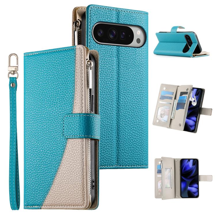 

For Google Pixel 11 Pro XL Stitching Multi-card Zipper Wallet Leather Phone Case with Short Strap(Blue)