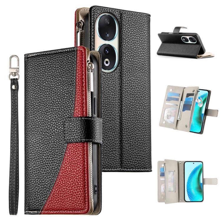 

For Honor 90 Stitching Multi-card Zipper Wallet Leather Phone Case with Short Strap(Black)