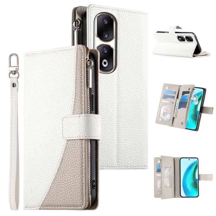 

For Honor 90 Pro Stitching Multi-card Zipper Wallet Leather Phone Case with Short Strap(White)