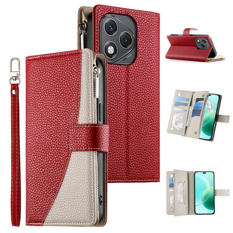 

For Honor 400 Lite Global Stitching Multi-card Zipper Wallet Leather Phone Case with Short Strap(Red)