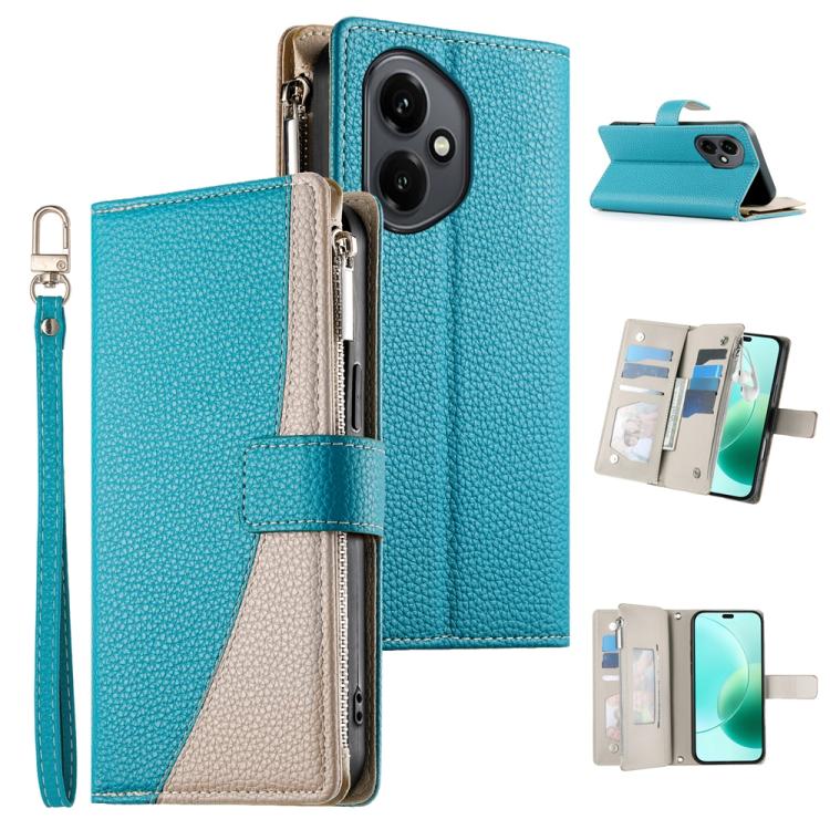 

For Honor 400 Pro Global 160.8mm Stitching Multi-card Zipper Wallet Leather Phone Case with Short Strap(Blue)