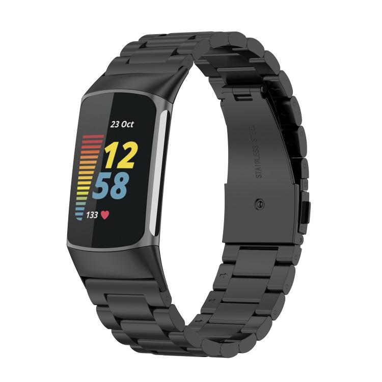 

For Fitbit Charge 6 / 5 Tri-beads Flat Buckle Titanium Alloy Watch Band(Black)