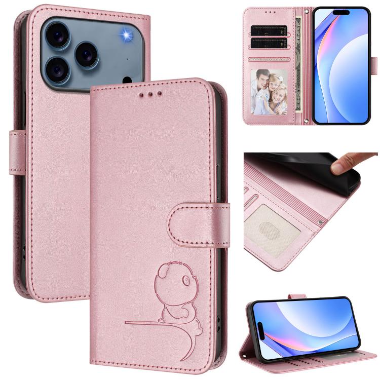 

For iPhone 17 Pro Max Litter Panda Embossing RFID Leather Phone Case with Lanyard(Pink)