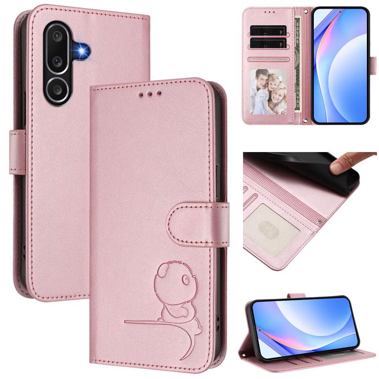 

For Samsung Galaxy M56 5G Litter Panda Embossing RFID Leather Phone Case with Lanyard(Pink)