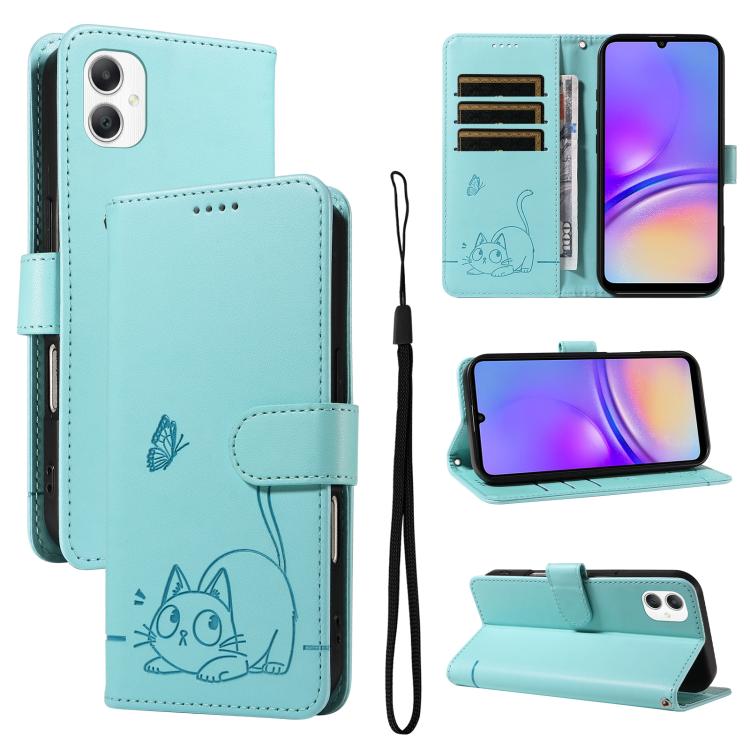 

For Samsung Galaxy A07 5G Adorable Cat Embossed Pattern Flip Leather Phone Case(Green)