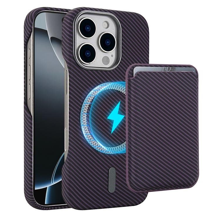 

For iPhone 16 Pro Max Carbon Fiber MagSafe Magnetic Card Holder Phone Case(Purple)