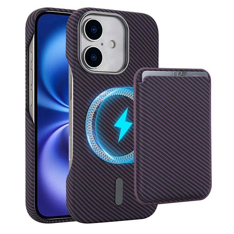 

For iPhone 16 Carbon Fiber MagSafe Magnetic Card Holder Phone Case(Purple)