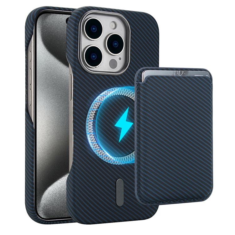 

For iPhone 15 Pro Max Carbon Fiber MagSafe Magnetic Card Holder Phone Case(Blue)