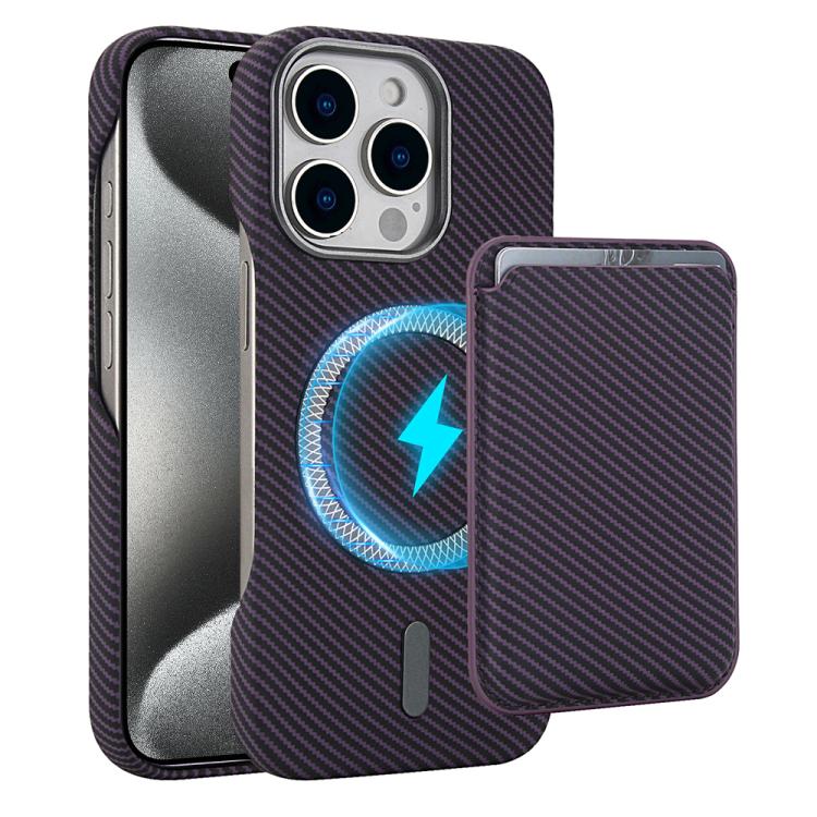

For iPhone 15 Pro Carbon Fiber MagSafe Magnetic Card Holder Phone Case(Purple)