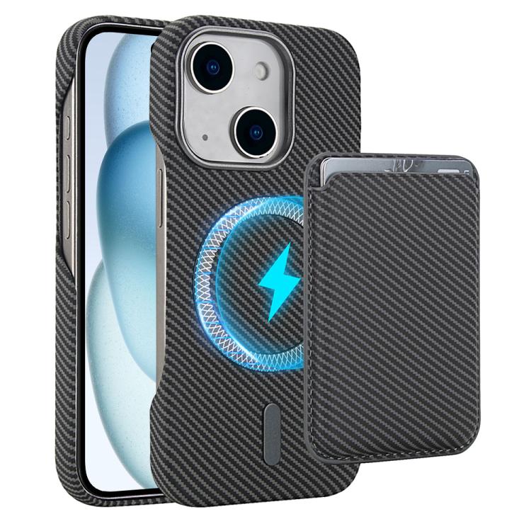 

For iPhone 15 Plus Carbon Fiber MagSafe Magnetic Card Holder Phone Case(Grey)
