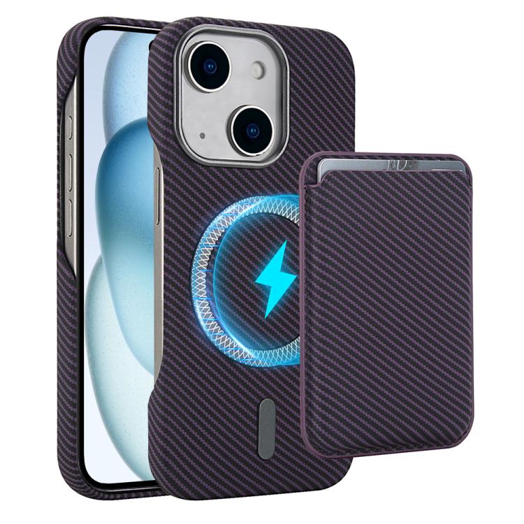 

For iPhone 15 Carbon Fiber MagSafe Magnetic Card Holder Phone Case(Purple)