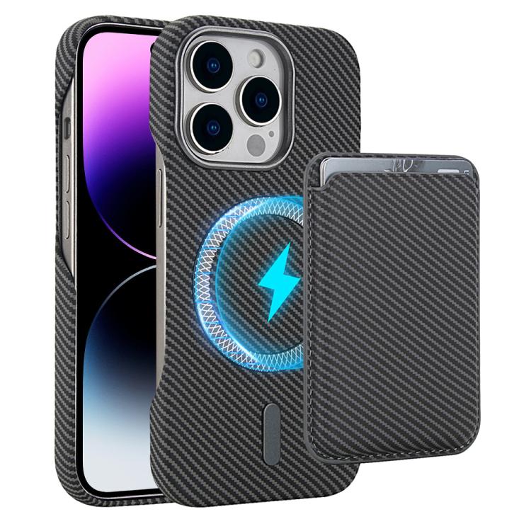 

For iPhone 14 Pro Max Carbon Fiber MagSafe Magnetic Card Holder Phone Case(Grey)