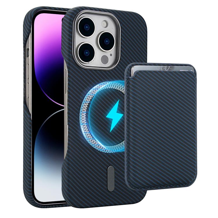 

For iPhone 14 Pro Max Carbon Fiber MagSafe Magnetic Card Holder Phone Case(Blue)
