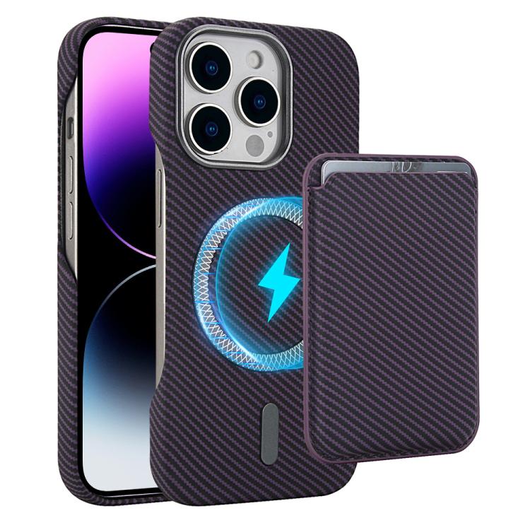 

For iPhone 14 Pro Max Carbon Fiber MagSafe Magnetic Card Holder Phone Case(Purple)