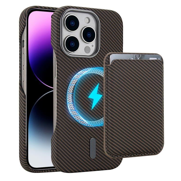 

For iPhone 14 Pro Max Carbon Fiber MagSafe Magnetic Card Holder Phone Case(Brown)