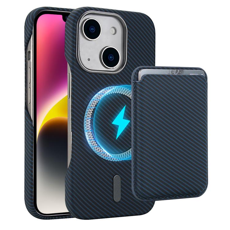 

For iPhone 14 Carbon Fiber MagSafe Magnetic Card Holder Phone Case(Blue)