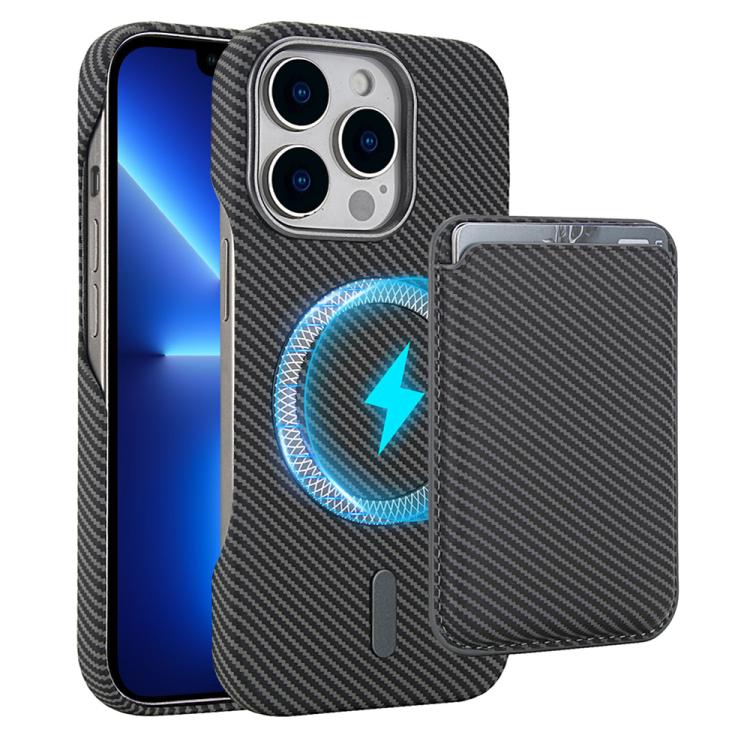 

For iPhone 13 Pro Max Carbon Fiber MagSafe Magnetic Card Holder Phone Case(Grey)