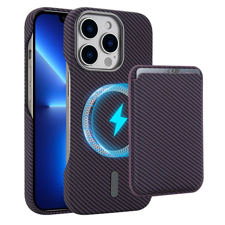 

For iPhone 13 Pro Max Carbon Fiber MagSafe Magnetic Card Holder Phone Case(Purple)