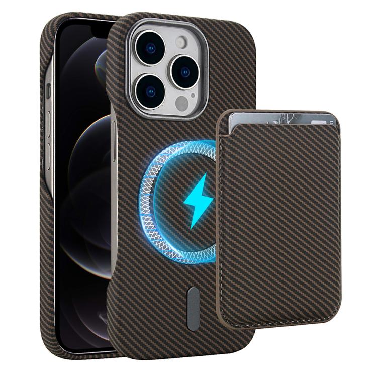 

For iPhone 12 Pro Max Carbon Fiber MagSafe Magnetic Card Holder Phone Case(Brown)