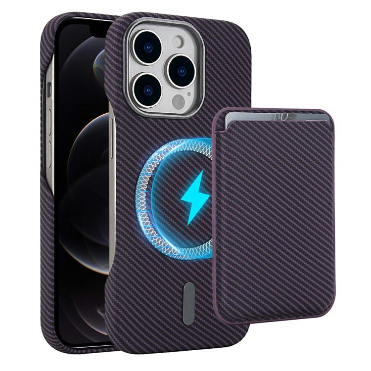 

For iPhone 12 Pro Carbon Fiber MagSafe Magnetic Card Holder Phone Case(Purple)