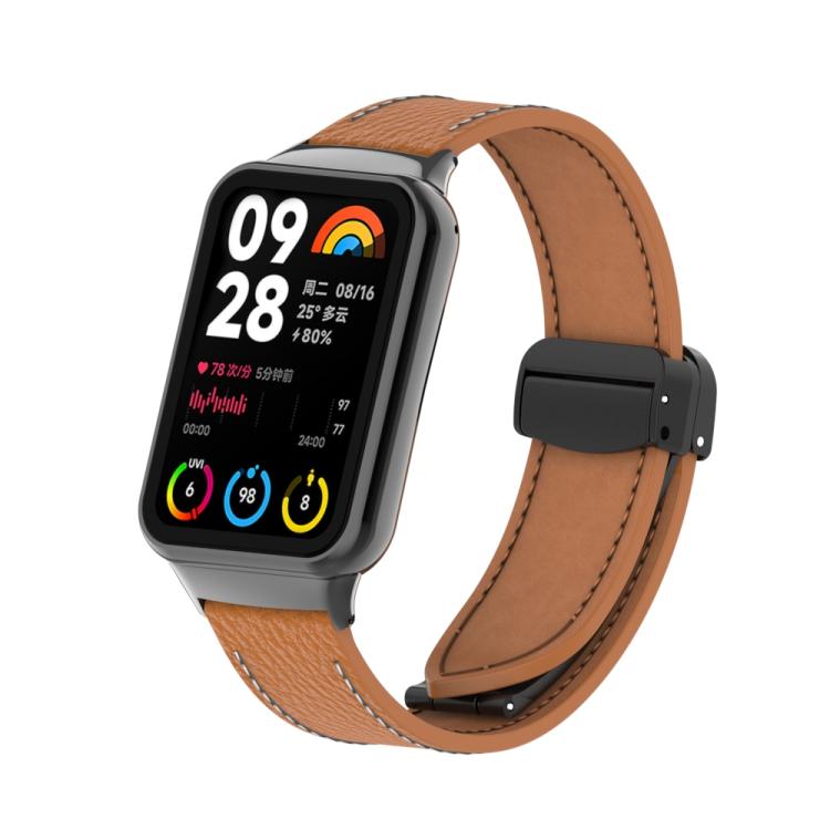 

For Xiaomi Smart Band 9 Pro / Redmi Watch 5 Litchi Texture Magnetic Black Buckle Leather Watch Band(Brown)